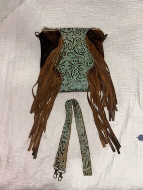 Myra Bag Turquoise and Brown Tooled Fringe Crossbody